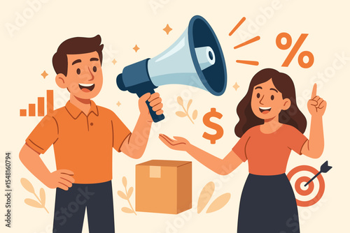 Marketing team with megaphone announcing product promotion. Business advertising campaign concept. Man and woman with loudspeaker, target, money, and discount symbols. Vector cartoon.