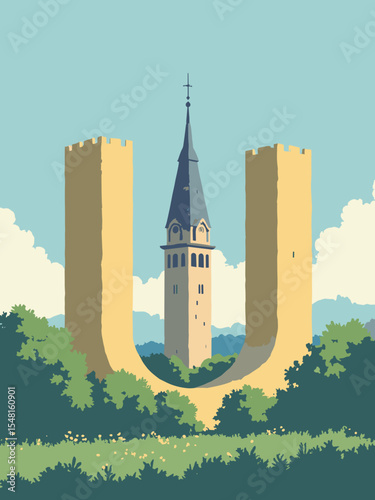 Dortmund, Germany - U-Tower, Reinoldikirche, Westfalenpark in golden U, church stone, garden green, and sky blue