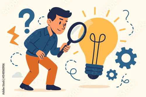 Problem solving concept. Man with magnifying glass searching for answers. Creative idea lightbulb. Business innovation, research, analysis, discovery. Question mark. Vector cartoon.