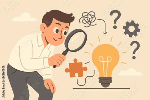 Problem solving concept. Man with magnifying glass analyzes chaos, questions, and puzzles to find a creative solution. Brainstorming, innovation, business strategy, and idea vector.
