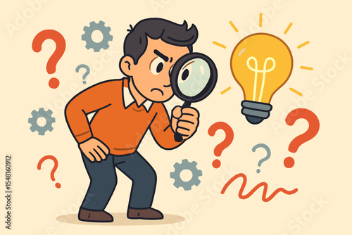 Man with magnifying glass searching for answers. Problem solving concept with creative idea lightbulb. Business analysis, research, and finding solutions cartoon vector illustration.