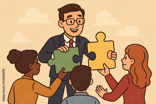 Manager leading a diverse business team to connect jigsaw puzzle pieces. A metaphor for teamwork, collaboration, partnership, and finding a solution. Corporate strategy concept.