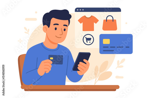 Man shopping online with credit card and smartphone. Vector concept for e-commerce, mobile banking, and internet payment system. Customer making a purchase from a web store.