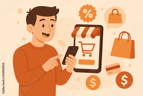 Happy man shopping online using smartphone app. Customer buying from digital store, getting discounts and promotions. E-commerce, mobile commerce, and online payment concept vector.