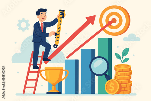 Measuring business performance and achieving goals. Businessman climbs career ladder on growth arrow to target. Financial investment success and analysis concept vector illustration.