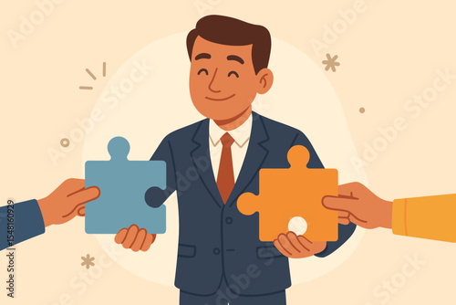 Manager connecting jigsaw puzzle pieces as a symbol of teamwork and collaboration. Business metaphor for partnership, strategy, integration, and finding a collective solution.