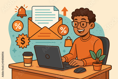 Email marketing concept with marketer sending promotional newsletter. Man at laptop creating digital campaign with discounts for customer engagement and e-commerce. Vector illustration.