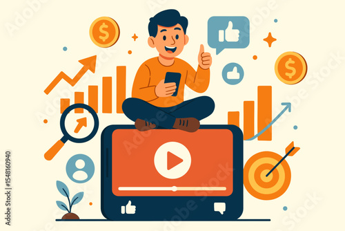 Maximizing Reach and Revenue with Viral Video Marketing on Social Media. Digital strategy concept with charts, icons, and character for engagement and growth. Vector cartoon.