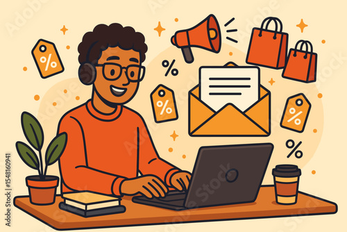 Email marketing campaign concept. Marketer at desk with laptop sending promotional newsletter with discounts. E-commerce sales strategy for customer engagement. Vector cartoon illustration.