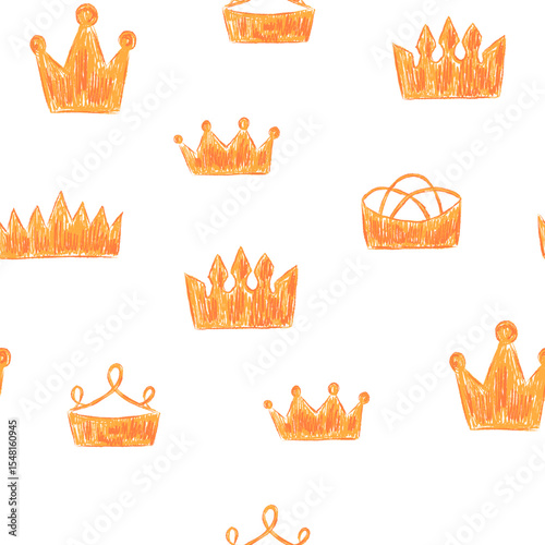 Seamless pattern of royal crown drawn with crayon or pencil texture brush in golden color