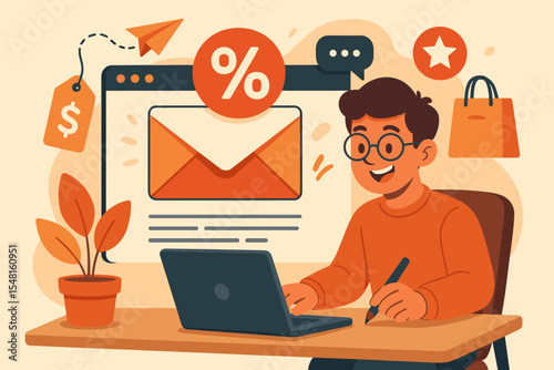 Email marketing concept. Marketer sending promotional campaign with discounts and special offers. Man at laptop working on newsletter for e-commerce sales and customer engagement.
