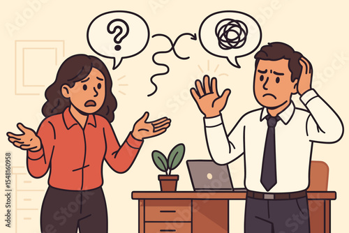 Misunderstanding and poor communication concept. Confused woman and frustrated man coworkers in difficult conversation. Office conflict, communication barrier, work problem vector.