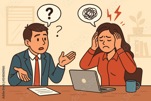 Poor communication and misunderstanding between colleagues. Frustrated woman with a headache and confused man at the office. Work conflict, stress, business problem and burnout concept.