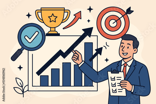 Businessman measuring progress and achieving goals with key performance indicators. Vector cartoon of business success with growth chart, target, trophy, and checklist. KPI concept.
