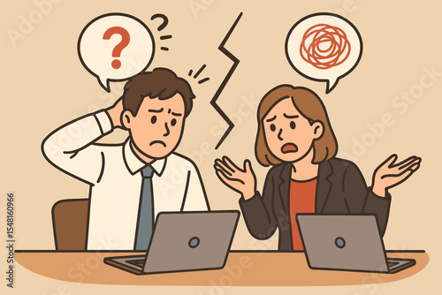 Misunderstanding and poor communication concept. Frustrated coworkers at office desk with laptops. Confused man and woman having a conflict and disagreement. Workplace problem vector.