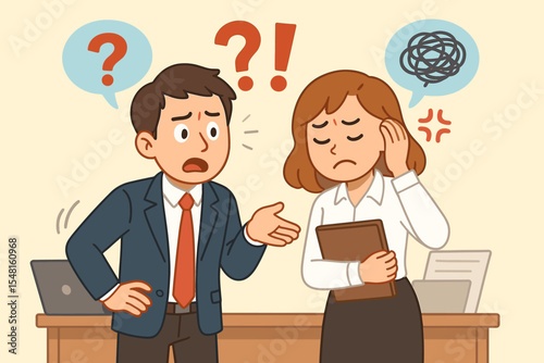 Misunderstanding and poor communication concept with a confused man and frustrated woman. Office conflict, argument, and disagreement between coworkers. Workplace stress vector cartoon.