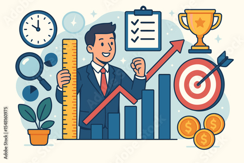 Business performance management and goal achievement concept. Businessman measures progress with key performance indicators. Success strategy with growth chart, target, trophy, analysis. Vector.