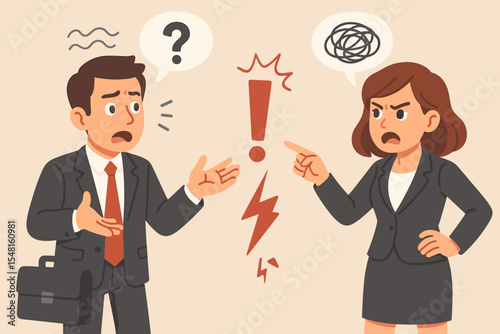 Unclear communication conflict in office meeting between businessman and businesswoman colleagues causing misunderstanding and workplace confusion. Cartoon vector illustration of argument tension