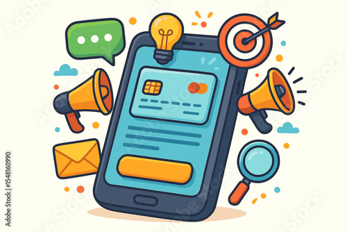 Digital marketing concept for mobile commerce and online business. Smartphone with credit card payment and advertising icons. SMM, SEO, and promotion strategy vector illustration.