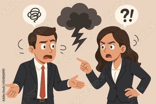 Business misunderstanding conflict. Office argument, unclear communication issue, confused businessman, angry businesswoman, colleagues in disagreement, vector cartoon workplace problem illustration