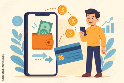 Mobile banking concept with man using smartphone app for financial transactions. Digital wallet for online payment, money transfer, and savings. Fintech technology vector illustration.