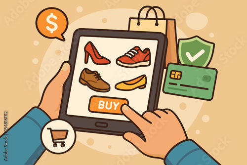Online shopping for shoes on a digital tablet. E-commerce concept with customer buying footwear in an internet store. Secure payment with credit card, online retail convenience vector.