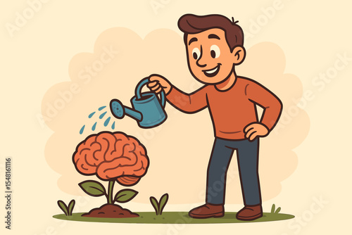 Cartoon illustration of optimistic man watering a sprouting brain plant symbolizing personal development growth mindset positive thinking mental health nurture idea cultivation creativity