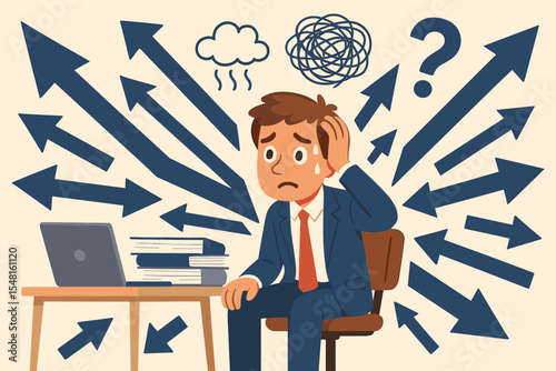 Decision paralysis and work stress concept. Overwhelmed businessman feeling anxious and confused by too many choices. Professional burnout and mental health problems at the office.