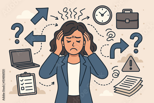 Stressed business woman feeling anxiety from work pressure. Concept for decision paralysis, burnout, and being overwhelmed. Confused employee with headache from multitasking and deadlines.