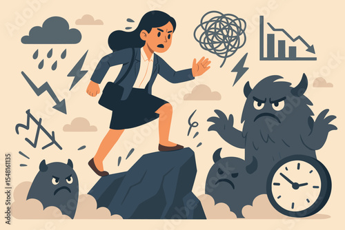 Businesswoman overcoming work stress and anxiety, navigating challenges, mental health resilience, flat cartoon vector illustration. Workplace difficulties concept