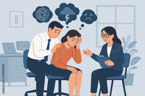 Mental health support in the workplace. Sad employee with emotional distress, depression, anxiety, and burnout getting help from a psychologist. Colleague offering empathy and comfort.