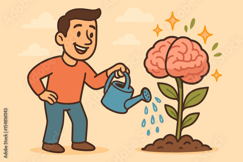Optimistic man watering sprouting brain plant nurturing personal development and positive thinking for growth mindset motivation creativity mental growth psychology improvement illustration