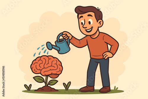 Man watering brain plant metaphor for growth mindset. Personal development, self care, mental health, and psychology concept. Nurturing knowledge, learning, and positive thinking.