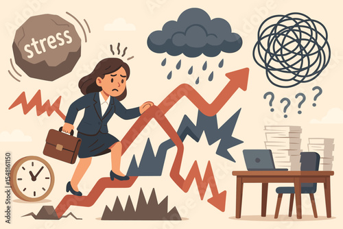 Workplace stress and anxiety concept. Businesswoman facing career challenges, professional burnout, and mental pressure. Metaphor for overload, deadlines, and emotional distress.