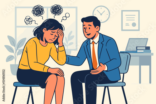 Workplace mental health support concept. Psychologist or manager comforts a sad, anxious woman. Therapy session for depression, burnout, and emotional distress. Vector cartoon illustration.