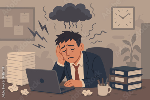 Overworked businessman experiencing stress, depression, and burnout. Tired office worker feeling anxiety from deadline pressure. Toxic work environment and mental health concept.