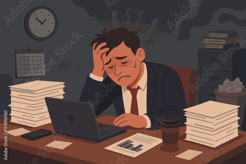 Overworked businessman suffering stress and depression in a toxic work environment, slumped at desk with towering paperwork and ticking clock. Vector illustration of burnout anxiety and workload.