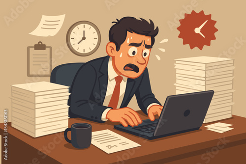 Stressed businessman struggling with deadline pressure at an office desk. Overworked cartoon employee with laptop and paperwork. Burnout, anxiety, time management concept vector.