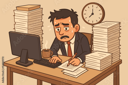 Overworked businessman stressed by deadline pressure. Anxious office worker at desk with huge paperwork workload. Burnout, time management concept cartoon vector illustration.