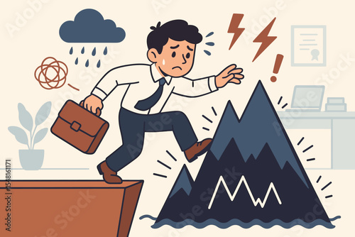 Stressed businessman facing career challenge. Metaphor for overcoming workplace anxiety and pressure. Employee navigating obstacle, risk, and difficulties. Professional burnout concept.