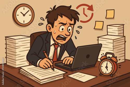 Overworked businessman stressed by deadline pressure. Cartoon office worker in panic with huge workload, paperwork and laptop. Burnout and work anxiety concept vector illustration.