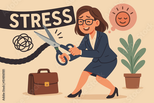 Happy businesswoman cutting the rope of stress with scissors. Concept of stress management, mental health, and wellbeing. Overcoming anxiety and burnout for work-life balance.