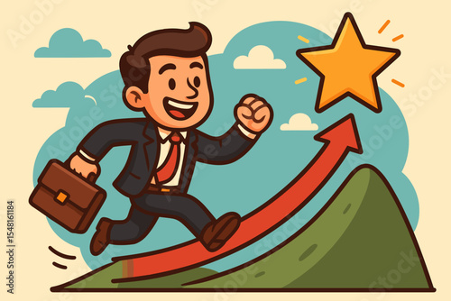 Businessman running up arrow to reach a star. Concept of career growth, success, and ambition. Metaphor for achieving goals and progress. Passionate character pursuing a dream job.