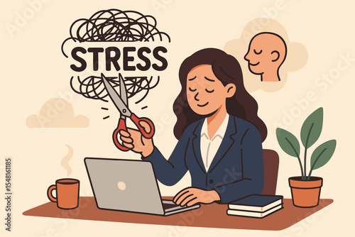 Businesswoman cutting stress metaphor. Mental health and wellness concept. Office worker with scissors reducing anxiety and pressure for a calm mind. Psychology vector illustration.