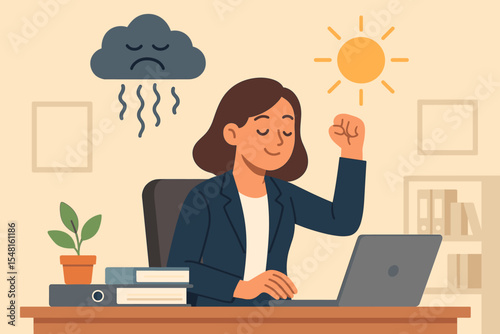 Mental health at the workplace. Businesswoman overcoming stress, burnout, and depression. Employee changing mood from a sad rainy cloud to a happy sun. Positive psychology success concept.