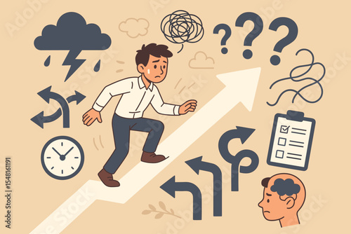 Man overwhelmed by choice dilemma and work stress. Concept of decision paralysis and career path anxiety. Businessman navigating confusion, pressure and burnout. Mental health vector.
