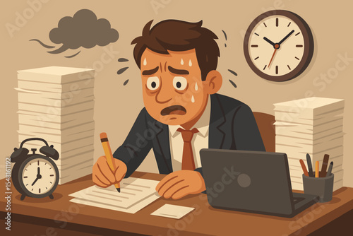 Overworked businessman cartoon illustration of stress and burnout. Anxious office worker under pressure from a deadline, overwhelmed by paperwork. Concept of time management and fatigue.