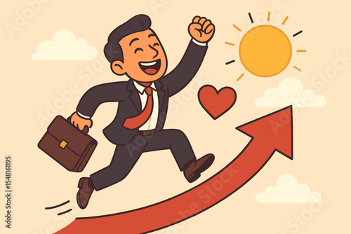 Happy businessman running up on a red arrow graph. Concept of career growth, success, motivation, and achievement. Passionate professional pursuing dream job for fulfillment. Vector.