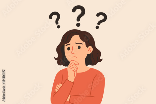Thoughtful woman thinking with hand on chin, surrounded by question marks. Curiosity, inquiry, confusion, decision making, problem solving, mental process, decision concept. Vector illustration.