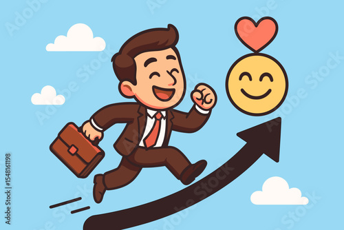 Happy businessman running on upward arrow graph towards success. Passionate career growth, job satisfaction and fulfillment concept. Motivation and progress to dream job vector cartoon.